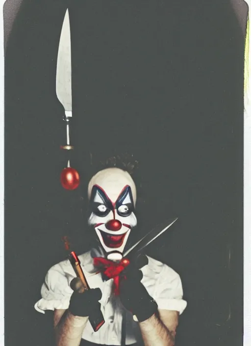 Prompt: polaroid of a frightening clown with a knife