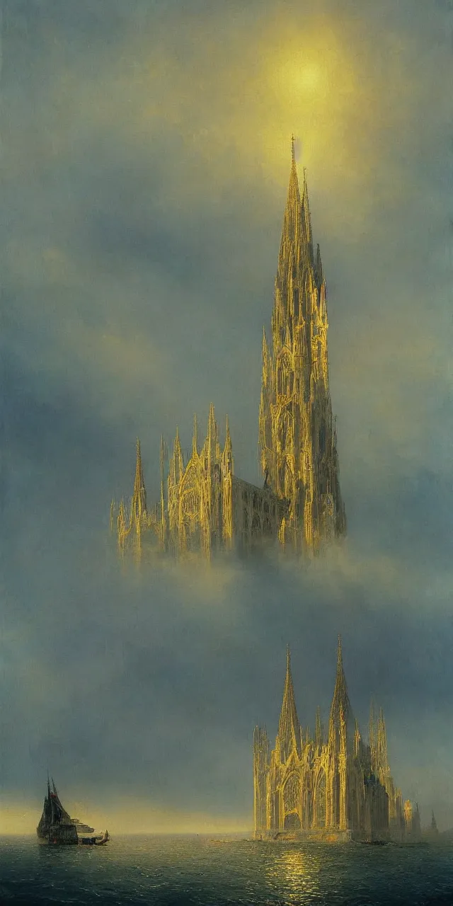 Prompt: detailed painting of the tall gothic cathedral sticking up in the middle of the ocean by ivan aivazovsky, dramatic lighting, demonic undertones, warm light, golden decor, detailed concept art, hyperrealistic, beautiful architecture, low angle looking up