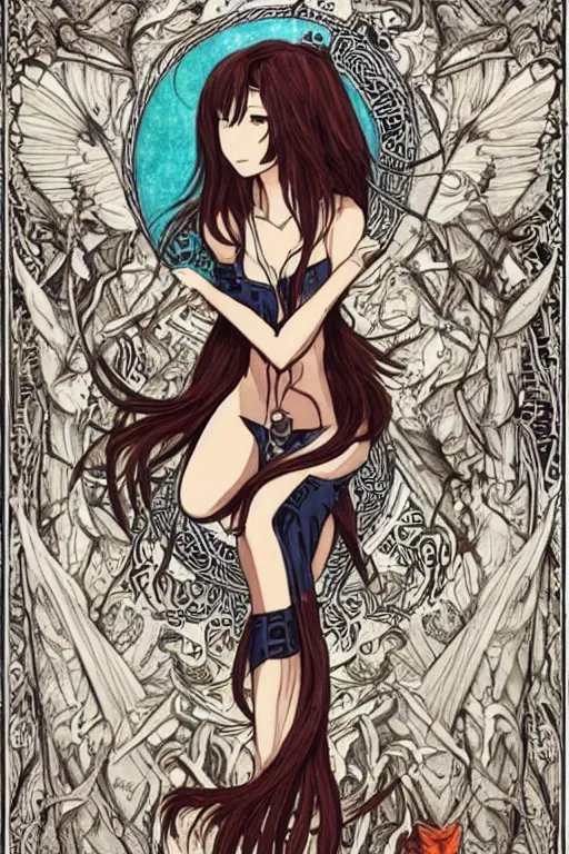 Prompt: makise kurisu, intricate, amazing line work, colorful, tarot cards, the devil tarot card