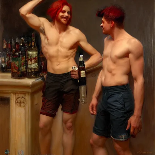 Image similar to attractive maculine male with red hair and attractive masculine male with black hair. pants and shorts, drinking their hearts out, having fun, in a pub. highly detailed and very defined painting by gaston bussiere, j. c. leyendecker, craig mullins 8 k