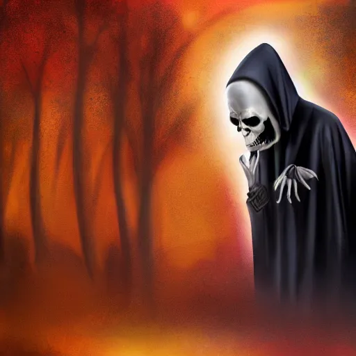 Image similar to the grim reaper pulls down his hood, showing that his head is the smiling face emoji, digital art, 4 k,