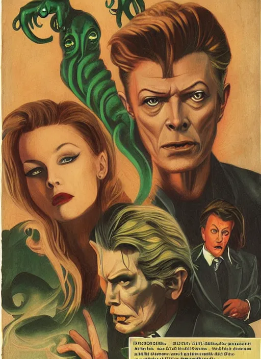 Image similar to twin peaks poster art, david bowie vs cthulhu, old retro pulp noir comic cover, by michael whelan, rossetti bouguereau, artgerm, retro, nostalgic, old fashioned