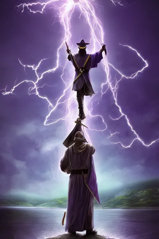 Image similar to hyper realistic mystical wizard holding a sword that’s pointed towards the sky, sword is getting shocked by purple lightning, wizard is levitating over a lake, reflection, octane, trending on artstation, hyper realistic, highly detailed, 8k