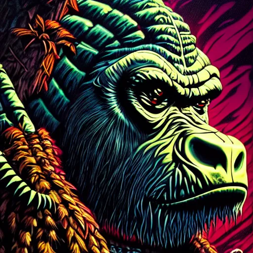 Image similar to side profile of barong family member, wiwek, mara demon, one single tribe member, jungle, one single mask, dark, ancient warrior, gorilla, lizard, tribal, inner glow, art by dan mumford and justin gerard