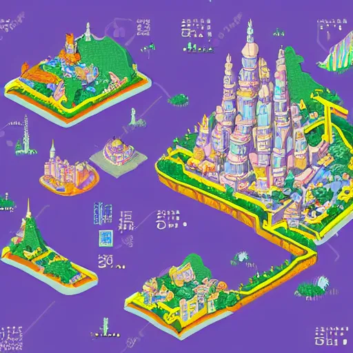 Image similar to isometric fantasy art of a giant waterfall city with tall skybridges and turrets, bold colors, detailed, by studio ghibli