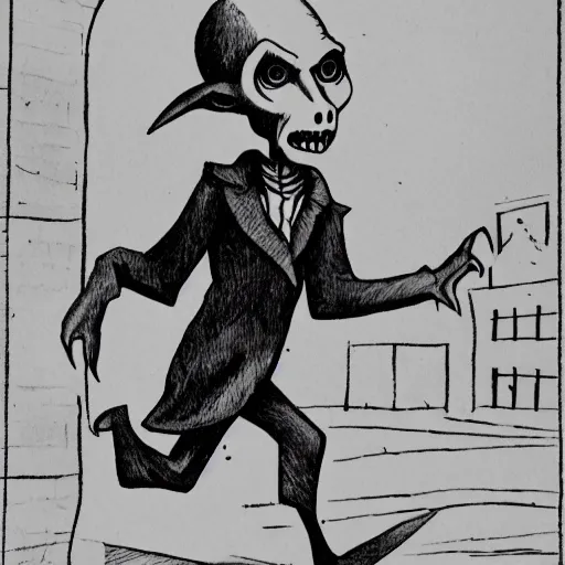 Image similar to nosferatu in his school uniform chasing after the school bus, his arm is outstretched