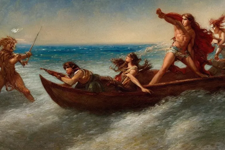 Image similar to painting of a mythical hero crossing the ocean on a small boat fighting a humanoid personification of a wave. a personification of the moon overlooks the fight. art by gaston bussiere.