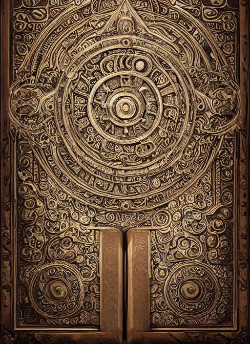 Image similar to an ancient ornate intricate old tome spell book with the sigil symbol of an eye emblazoned on the cover, cinematic, realistic, intricate detail, finely detailed, small details, extra detail, photorealistic, high resolution, 3D, PBR, path tracing, volumetric lighting, octane render, arnold render, 8k