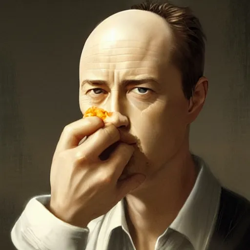 Prompt: a boiled egg with the shell peeling off revealing edward norton's face, highly detailed, dramatic lighting, concept art by caravaggio and greg rutkowski and artgerm