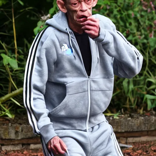 Prompt: gollum smokes cig in adidas tracksuit