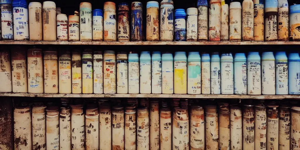 Image similar to extreme close - up of half empty shelves of a sundry shop at pulau indah fishing village, near a jetty, early morning, detailed matte painting, low angle view, telephoto lens, bokeh, studio ghibli, artstation