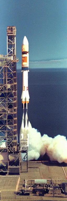 Prompt: height view of orange juice as nasa rocket, at the launch pad