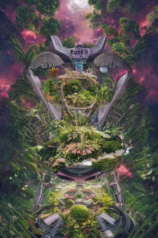 Prompt: aerial view of a multi level spaceship botanical garden in space, by artgerm, tom bagshaw, gerald brom, vaporwave colors, lo - fi colors, vaporwave, lo - fi, moody vibe, goth vibe, full body, rendered by substance designer, cel shading, toon shading, smooth,