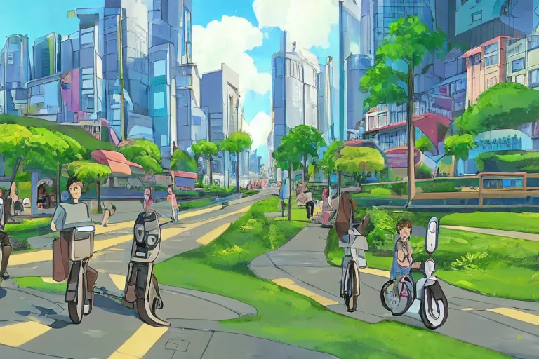 Image similar to an optimistic futuristic city street with one or two mini cannabis pot - plant few cute leaves, scenic streams, idyllic crossing bridges and people riding e - scooters, pop motifs, by ghibli