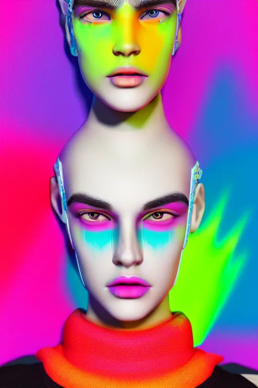 Prompt: stylish pullover for a rave, bright colors, many details, prints, photo for a magazine, photo for a store, fashion photography, Vogue, cinematic, hyper realism, high detail, octane render, 8k, very coherent symmetrical work, perfect face model, full length photo, Upper and lower body, even skin tone,Soft shadows on the face, white eyes, photographer style by Nik Night Erik Madigan Hec and Walter Chin and Camilla Akrans and Miles Aldridge