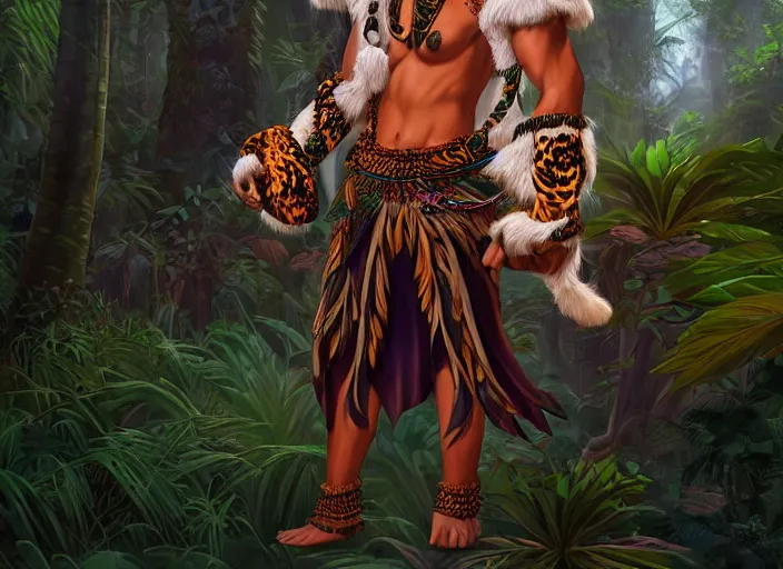Image similar to character portrait feature of the anthro male anthropomorphic jaguar fursona animal person wearing shaman tribal outfit robes belt standing in the amazon rainforest, character design stylized by charlie bowater, ross tran, artgerm, makoto shinkai, detailed, soft lighting, rendered in octane