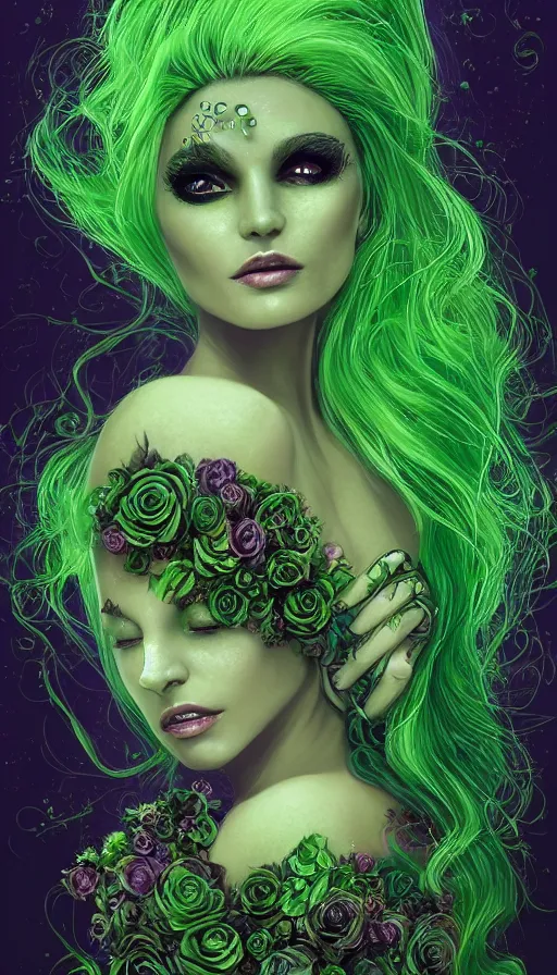 Image similar to portrait of magical green goblin female , dark fantasy, gradient green black, intricated, plants, roses, spikes, dreamy and ethereal, (colour) eyes, one head, golden ratio, peaceful expression, ornate frilly dress, fantasy, intricate, elegant, rainbow bubbles, highly detailed, digital painting, artstation, concept art, smooth,b sharp focus, illustration, art by artgerm and greg rutkowski and alphonse mucha