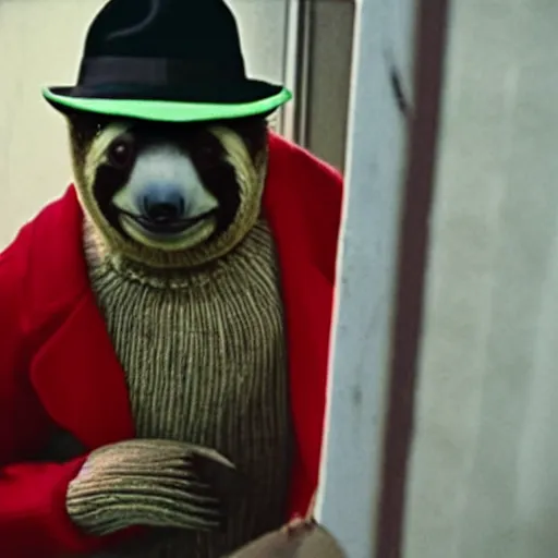 Image similar to a sloth dressed in a red and green striped jumper and fedora lurking in the shadows behind a scared teenager, film still