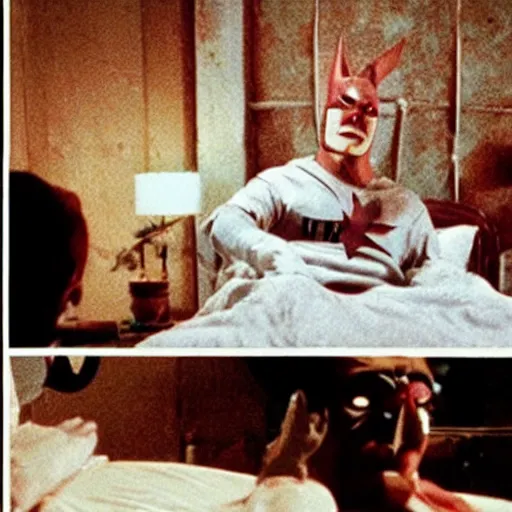 Image similar to movie still, movie frame, batman eats fried chicken in bed, lit only by the glow of the television set