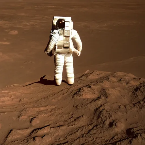 Prompt: Detailed photo of an astronaut seen from behind, he is standing on top of mount Venus on Mars