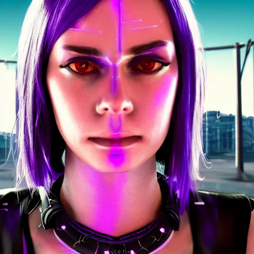 Prompt: headshot artwork of a cyberpunk woman wearing thick steel choker around neck, 4K, detailed face, collar on neck, realistic, artstation, neon purple, purple,