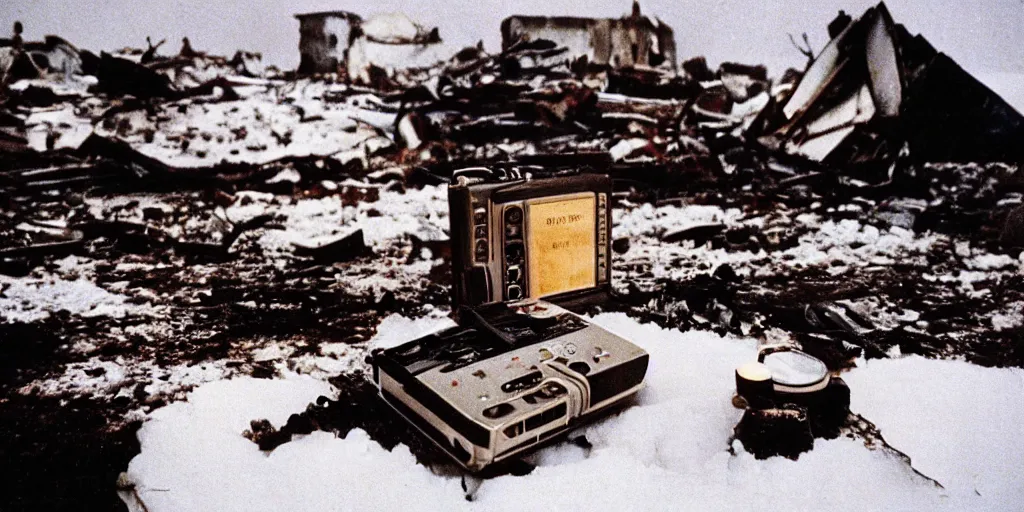 Prompt: a creepy atmospheric night time filmic movie like film 35mm color photograph of a 1982 Portable Cassette Recorder partly melted and burnt with smoke rising behind it, sitting among the rubble of a completely burned down structure in the snow in Antarctica