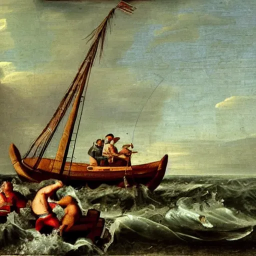 Image similar to a renaissance style oil painting of an old man, a marlin, and a boat in a turbulent sea. The old man is in the center of the image, with the marlin on the left and the boat on the right. He is leaning back, using all his strength to reel in the marlin. His face is sweaty and strained, and his arms are shaking. The marlin is huge, and its body is thrashing around in the water. The boat is small and insignificant compared to the marlin, and it is being pulled towards the fish. The overall effect is one of drama and suspense.