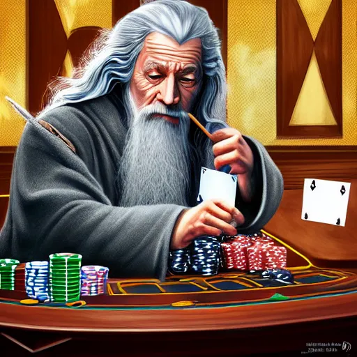 Image similar to gandalf playing poker, casino, highly detailed, digital art