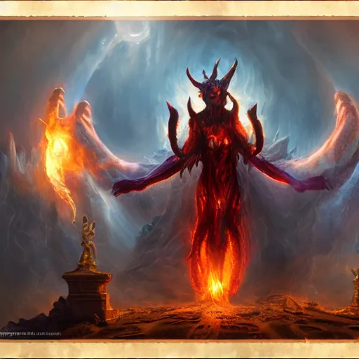 Image similar to an infernal demon, etheral, high detail, matte painting