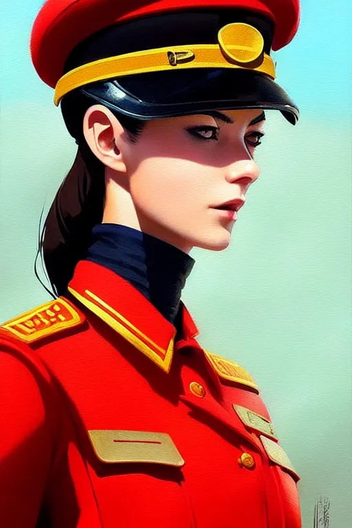 Image similar to a ultradetailed beautiful panting of a stylish woman wearing a soviet uniform, oil painting, by ilya kuvshinov, greg rutkowski and makoto shinkai, trending on artstation