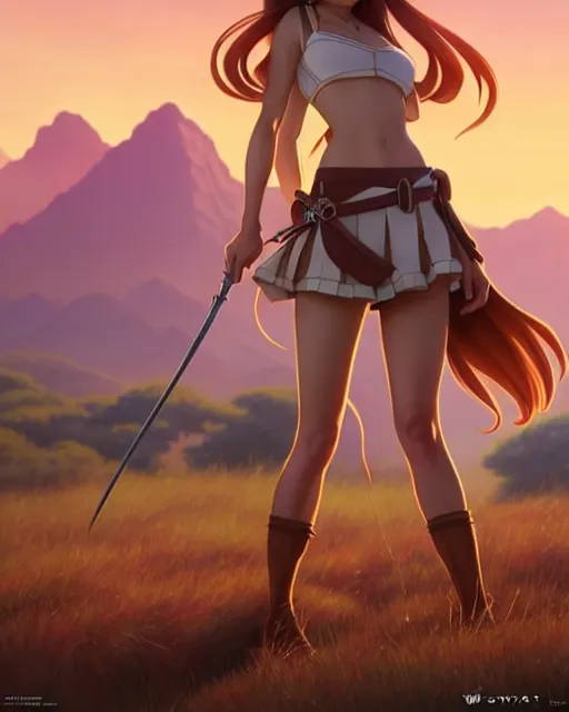 Image similar to weta disney pixar movie still pinup photo of asuna from sao : : as sunburnt cowgirl village girl by pixar : : by weta, greg rutkowski, wlop, ilya kuvshinov, rossdraws, artgerm, marvel, maxim cover, latex, octane render, sweaty, iridescent, bright morning, anime, liosh, mucha : :