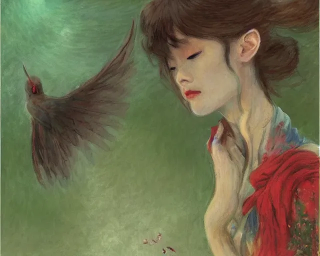 Prompt: a prima ballerina japanese art with a red scarf, medium long brown hair, green eyes, is looking at a bird, ethereal, horror, fantasy art by greg rutkowski and magali villeneuve and claude monet