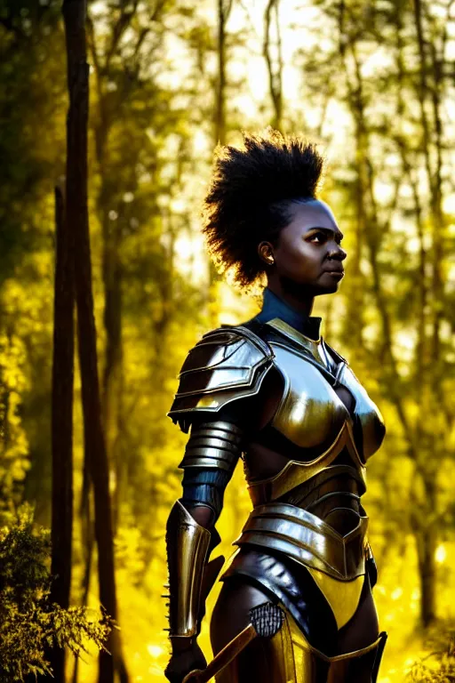 Image similar to hyperrealistic mithra black woman in armor in a forest sun behind her concept art eric zener elson peter cinematic side soft yellow light low angle hd 8k sharp shallow depth of field