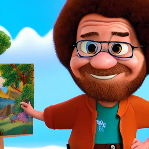 Image similar to A portrait of bob ross in the style of pixar’s movie Up (2009)