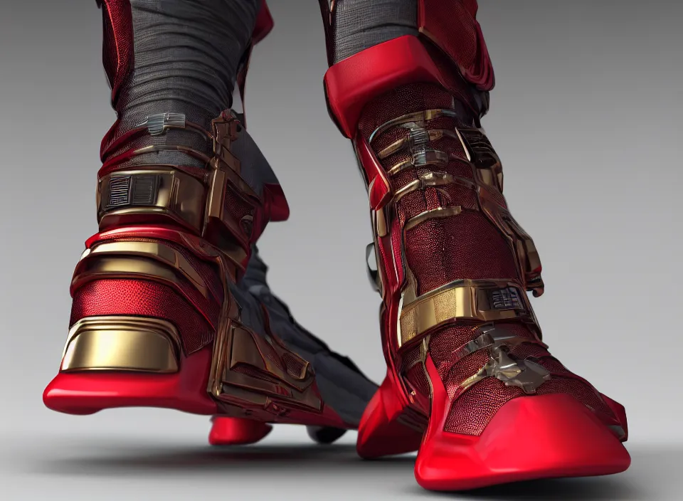 Image similar to realistic 3 d render of a cyberpunk android sneaker, beautiful studio lighting, soft, sharp focus, neon cyberpunk highlights, intricate detail, gold and red accents, soft rubber, octane render, side view, close up, trending on artstation, deviantart, moebius, lloyd wright, feng zhu