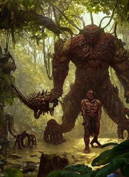 Prompt: huge hulking brute demon king wide shoulders, small evil head, vascular hands, muscular arms, wearing cape sitting on throne in alien jungle temple, by sergey kolesov and lawrence alma tadema and norman rockwell and greg staples and craig mullins and john berkey and ruan jia, artstation creature art