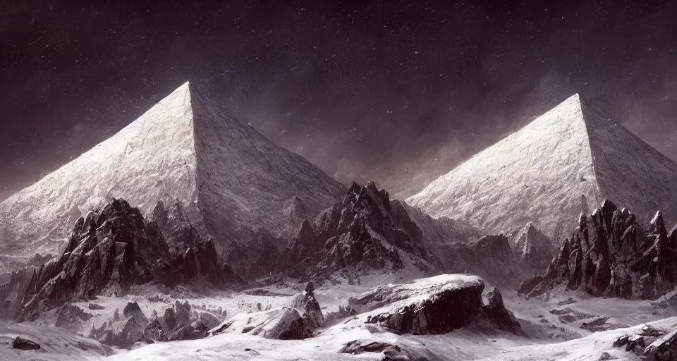 Image similar to snowy mountain, by eugene von guerard, ivan shishkin, black lovecraftian obsidian pyramid!! on a snowy mountaintop, night, red lightning!!, dramatic lighting, concept art, trending on artstation, 8 k