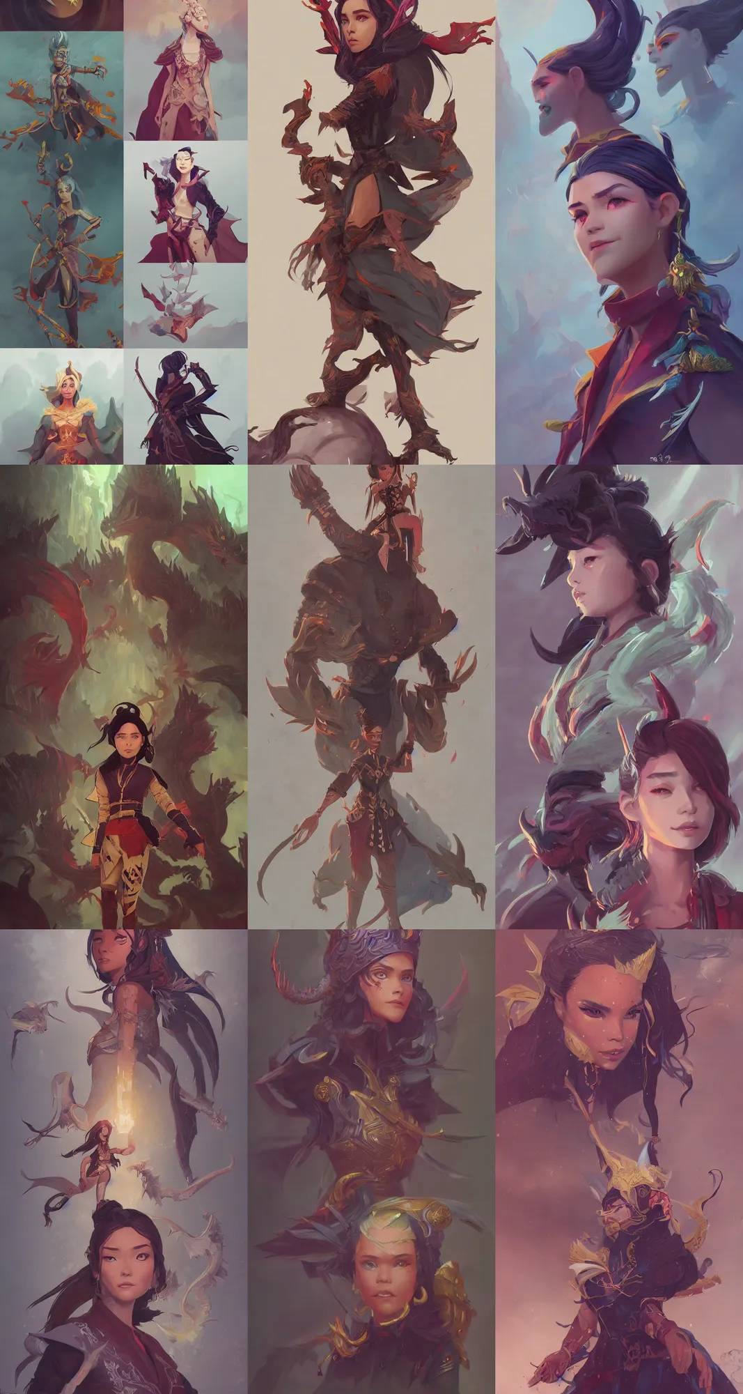 Prompt: highly detailed paintings of character concept and fashion art spot illustrations from the dragon prince and raya and the last dragon crossover, hyper detailed, digital art, trending on artstation, cinematic lighting, studio quality, smooth, sharp details, in the style of nixeu and fenghua zhong.