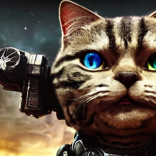 Image similar to lil bub the cat in gears of war, splash art, movie still, cinematic lighting, dramatic, octane render, long lens, shallow depth of field, bokeh, anamorphic lens flare, 8 k, hyper detailed, 3 5 mm film grain