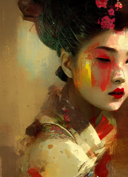 Image similar to female geisha girl, beautiful face, colourful, rule of thirds, intricate outfit, spotlight, by greg rutkowski, by jeremy mann, digital painting