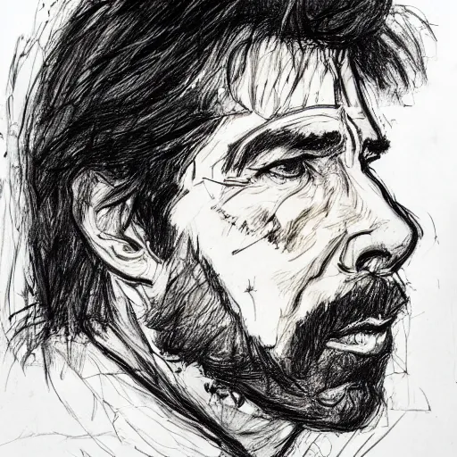 Prompt: a realistic yet scraggly portrait sketch of the side profile of a stern and sophisticated john travolta, trending on artstation, intricate details, in the style of frank auerbach, in the style of sergio aragones, in the style of martin ansin, in the style of david aja, in the style of mattias adolfsson