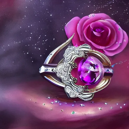 Prompt: a beautiful wedding ring design made of platinum glowing in sparkles with heavenly notes neo rococo, diamond and ruby, bramble rose, highly detailed sailor moon aesthetic, fantasy, intricate, elegant, highly detailed, digital painting, artstation, concept art, matte, sharp focus, illustration, in the style of aetherpunk