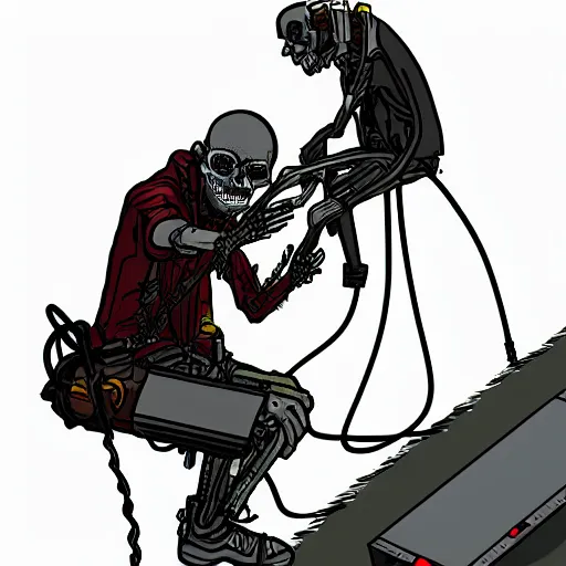 Image similar to cyberpunk skeleton maintenance worker fixing a modem, sharp lines, digital, artstation, colored in