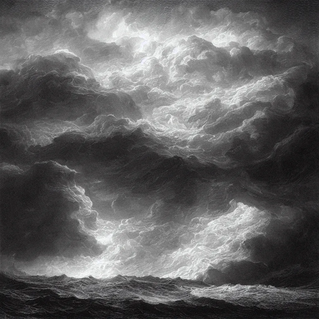 Prompt: “An engraving of a storm at sea by Gustave Dore”