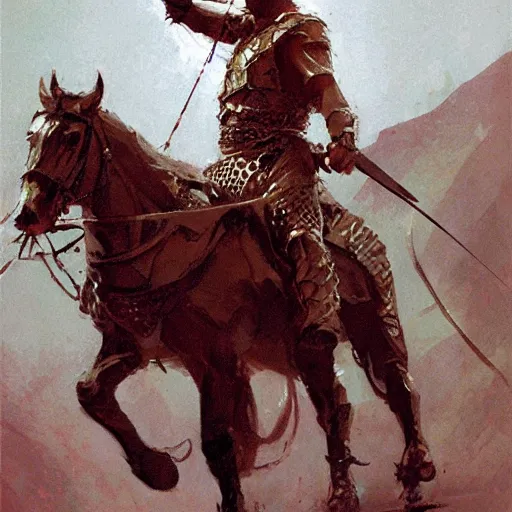 Image similar to portrait of rider wearing chainmail holding bow, detailed by greg manchess, craig mullins, bernie fuchs, walter everett, low angle