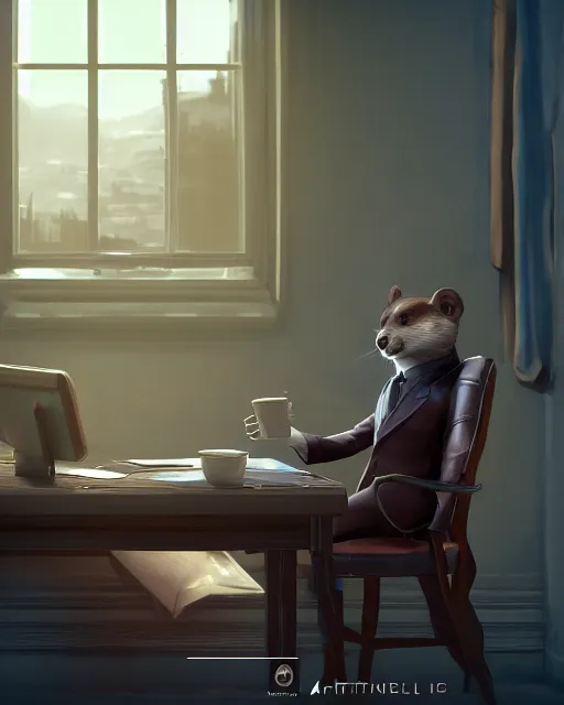 Prompt: artstation scifi scene of a weasel in suits drinking tea ， in a shabby lawyer office, wooden furnitures summer unreal engine 5, hyper realism, realistic shading, cinematic composition, blender render, octane render, hdr, detailed textures, photorealistic, wide shot