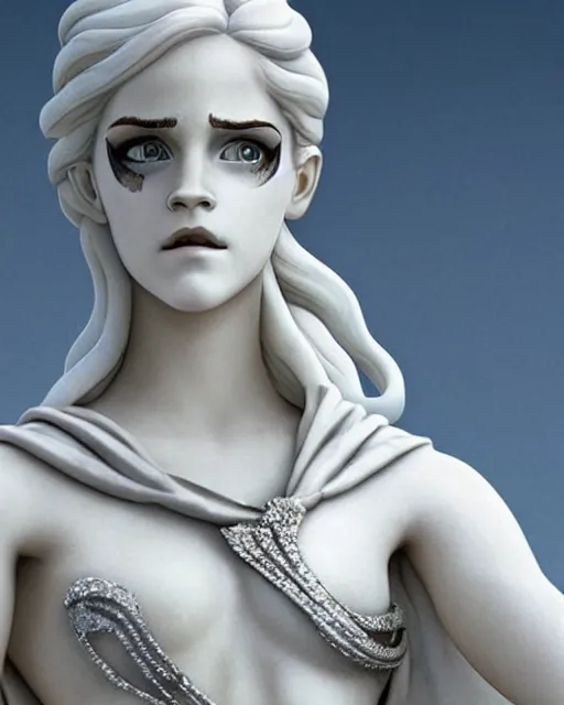 Image similar to portrait of a white marble statue adorned with silver and diamonds of emma watson in mad max, photo by studio ghibli, beautiful, cute, anime artstyle, amazing lighting