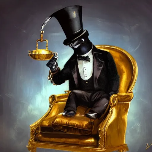 Prompt: oil painting of grumpy rich steampunk penguin sitting on fancy chair, wearing top hat, holding gold, steampunk factory background, factory background, sharp focus, fantasy style, octane render, volumetric lighting, 8k high definition, by greg rutkowski, highly detailed, trending on art Station, centered