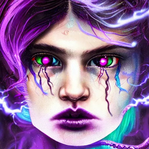 Image similar to detailed photo portrait of a furious teen girl with thin, hair-like purple tentacles on her head and bright purple eyes, 8k,by tristan eaton, Stanley Artgermm,Tom Bagshaw,Greg Rutkowski,Carne Griffiths,trending on DeviantArt, face enhance,hyper detailed ,full of colour, dramatic lightning