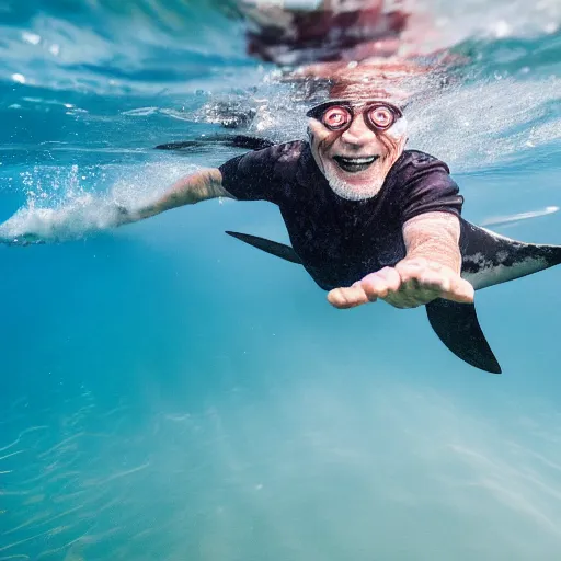 Prompt: elderly man swimming with a great white shark, smiling, happy, underwater, shark, great white, crystal clear water, adventure, canon eos r 3, f / 1. 4, iso 2 0 0, 1 / 1 6 0 s, 8 k, raw, unedited, symmetrical balance, wide angle